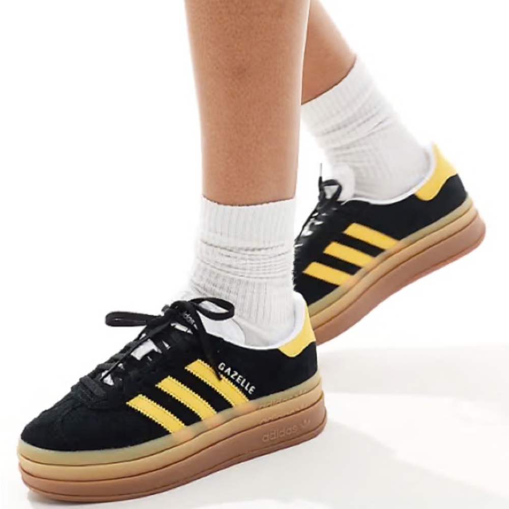 adidas Gazelle Platform Sneakers in Black and Yellow with Gum Sole